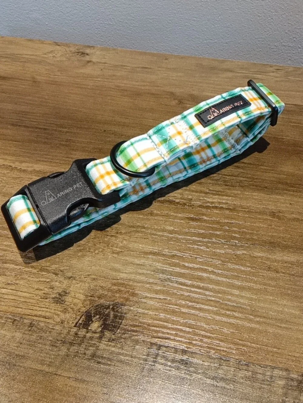 Plaid Green & Orange 🐶 Dog Collar with Black Hardware Size L